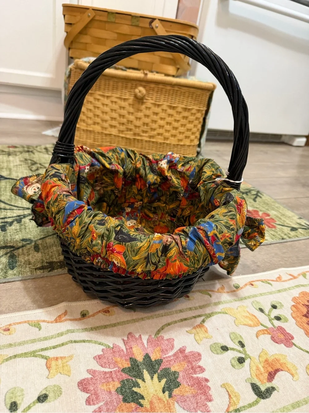 Vintage Autumn Fabric Lined Black Wicker Basket Colorful Autumn Primitives